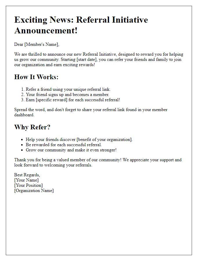 Letter template of referral initiative announcement for existing members