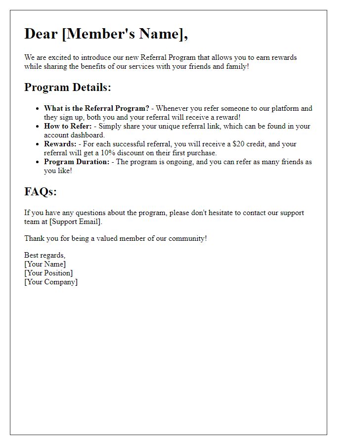 Letter template of referral program details shared with our members