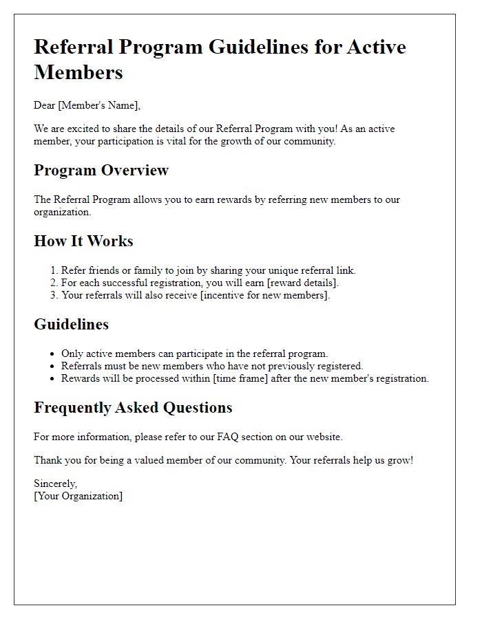 Letter template of referral program guidelines for active members