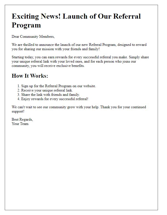 Letter template of referral program launch for community members