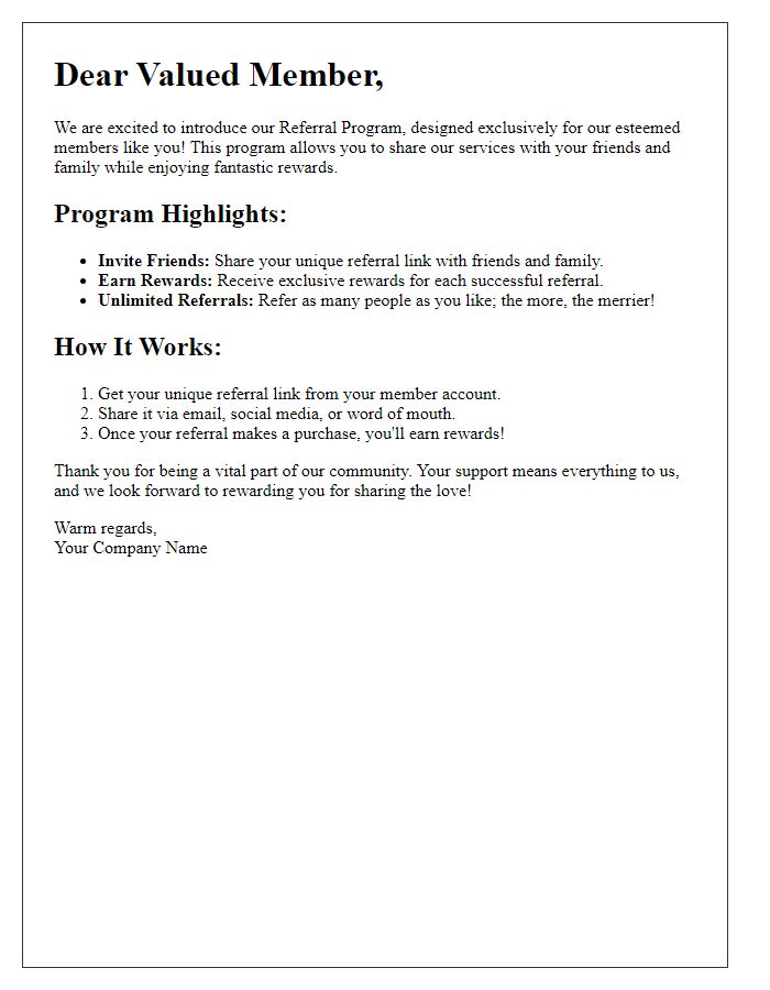 Letter template of referral program overview for our valued members