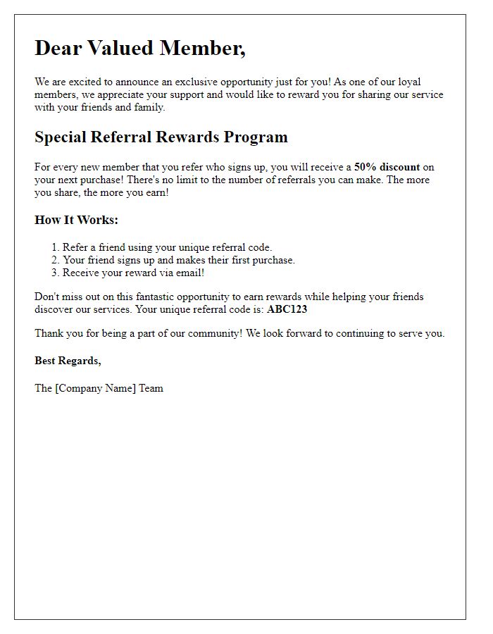 Letter template of special referral rewards for loyal members