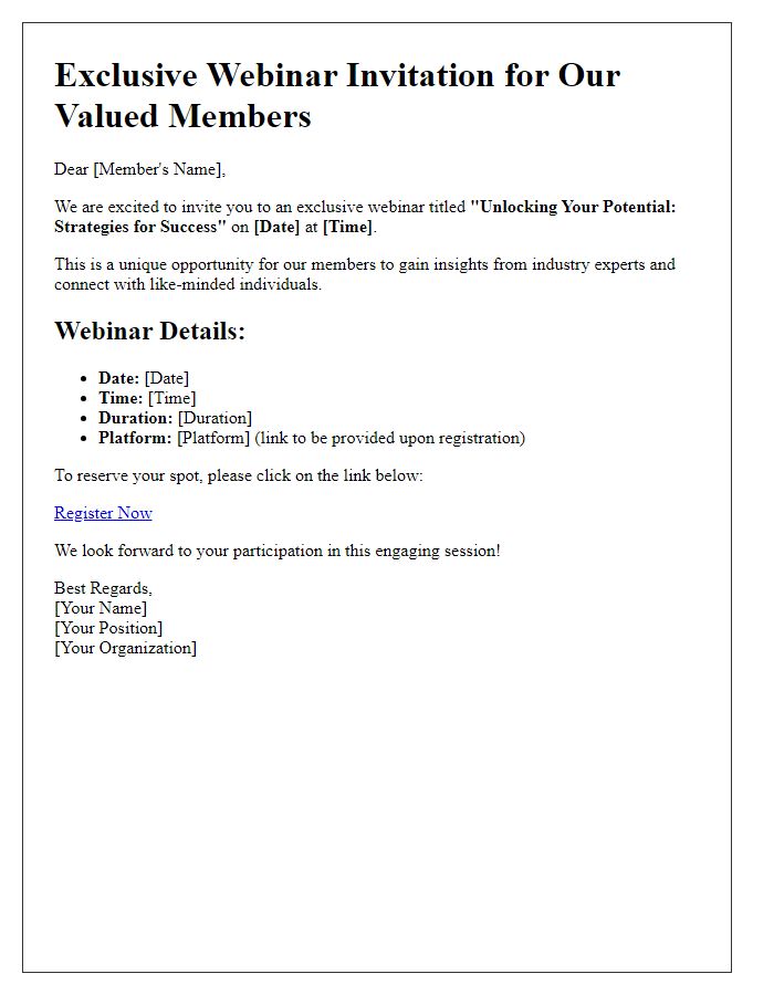 Letter template of exclusive webinar invitation for members