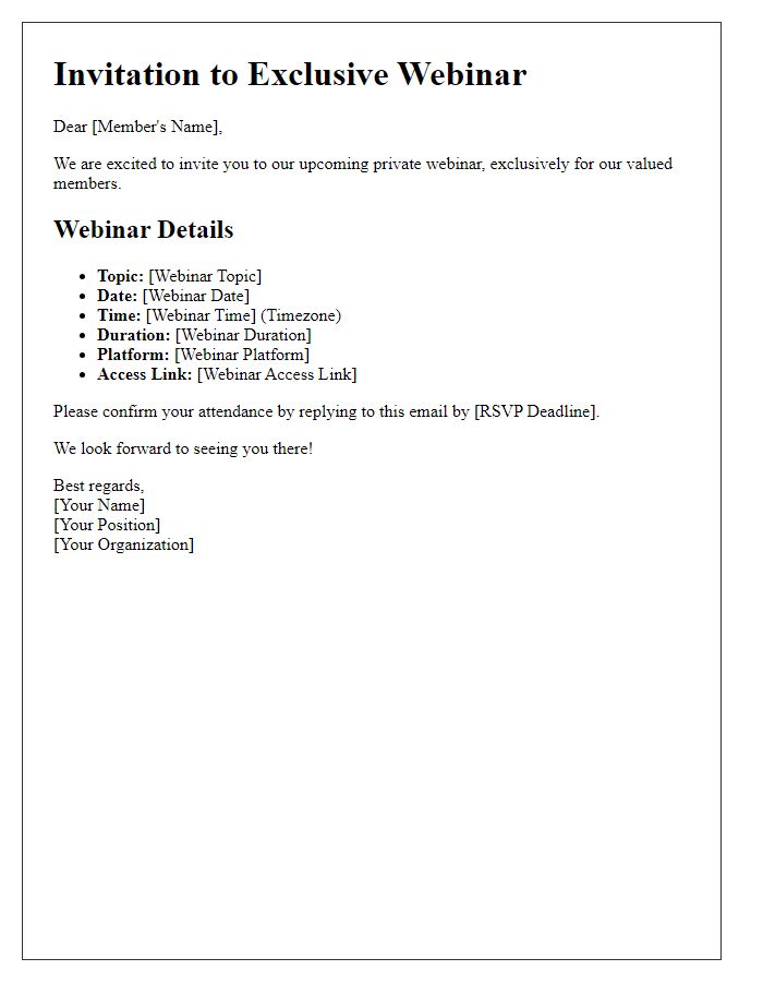 Letter template of private webinar details for our members