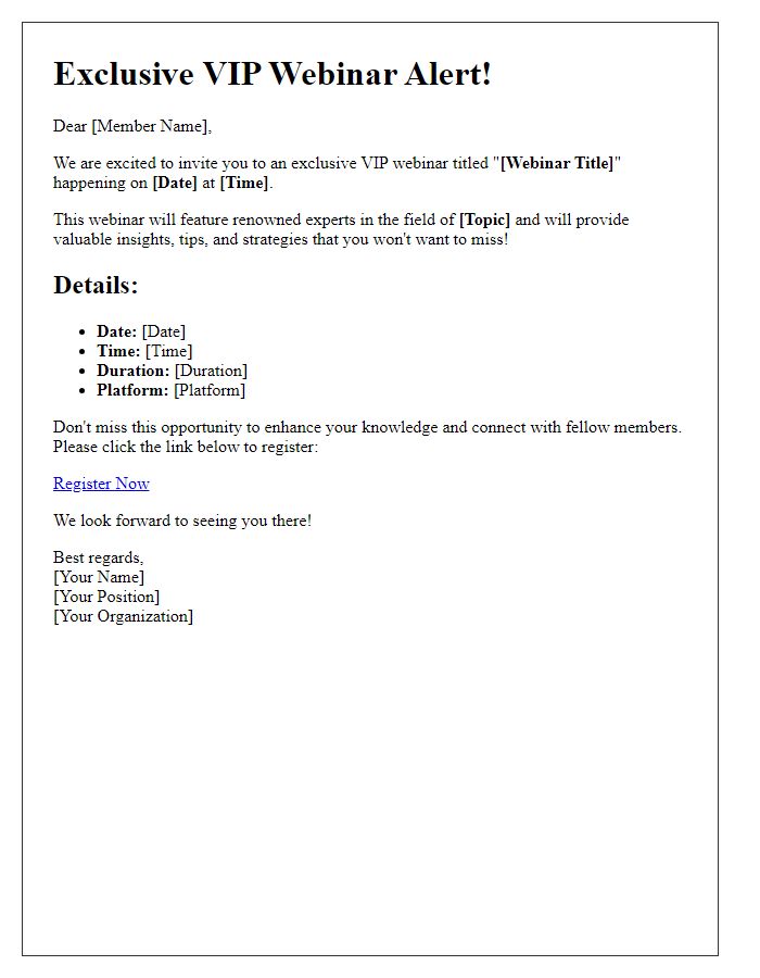 Letter template of VIP webinar alert for members