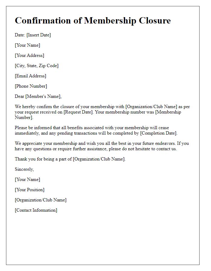 Letter template of Confirmation for Membership Closure