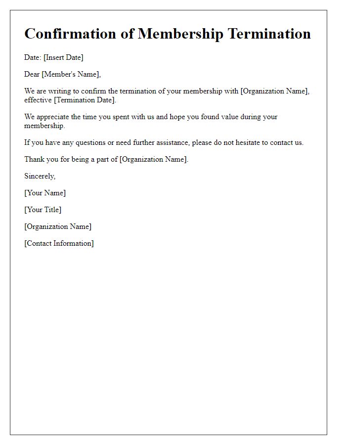 Letter template of Confirmation of Membership Termination