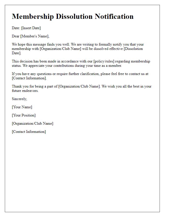 Letter template of Membership Dissolution Notification