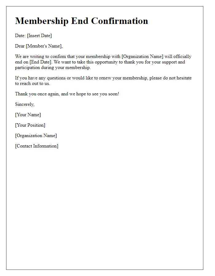 Letter template of Membership End Confirmation