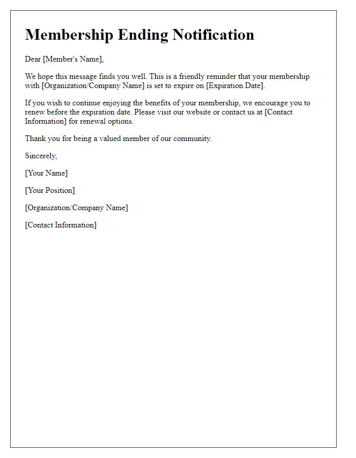 Letter template of Membership Ending Notification