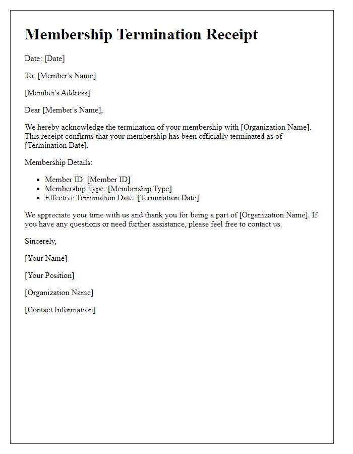 Letter template of Membership Termination Receipt