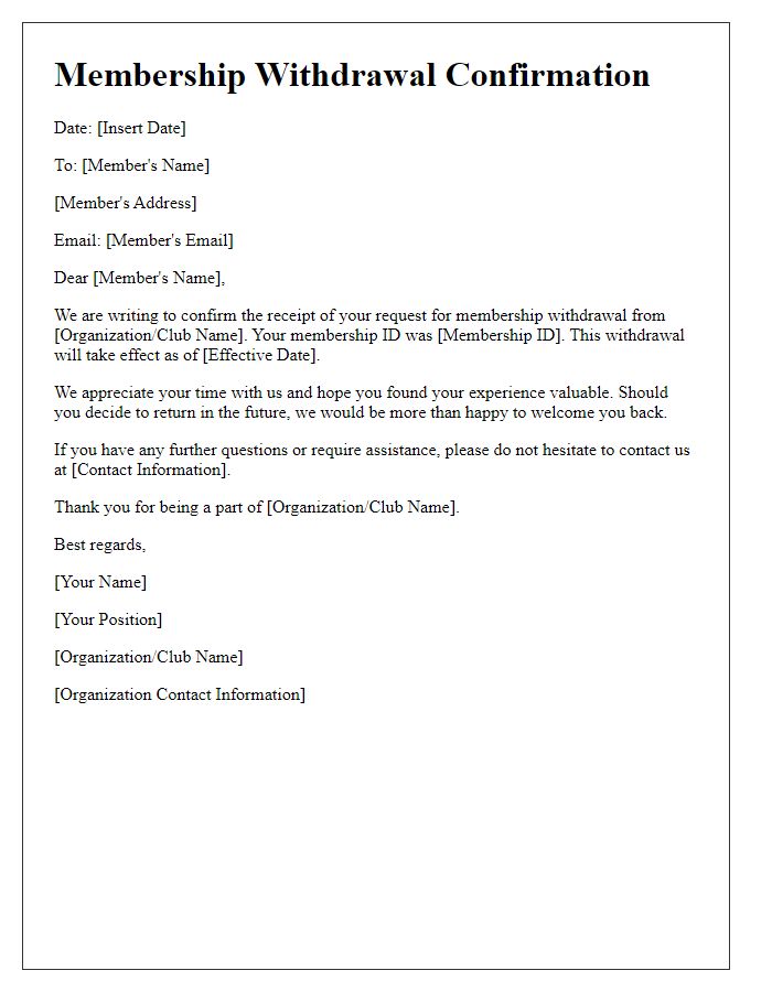 Letter template of Membership Withdrawal Confirmation