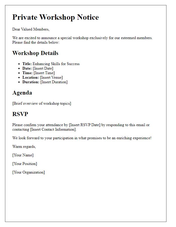 Letter template of private workshop notice for valued members