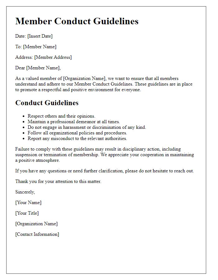 Letter template of member conduct guidelines