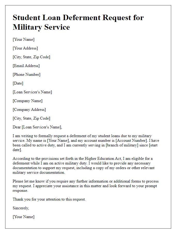 Letter template of student loan deferment request for military service.