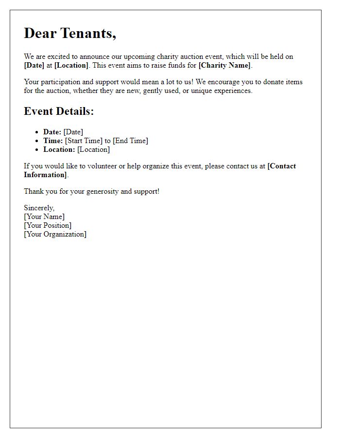 Letter template of tenant charity auction notice