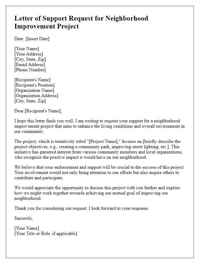 Letter template of support request for neighborhood improvement project