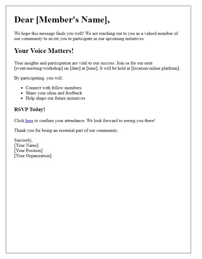 Letter template of call to action for member engagement participation