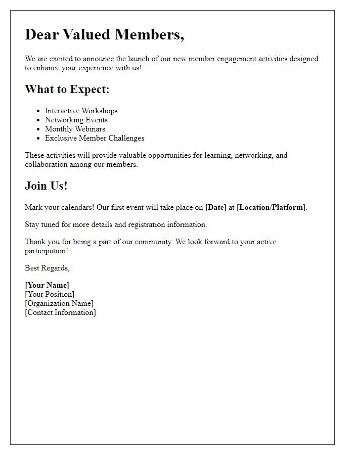 Letter template of launching new member engagement activities
