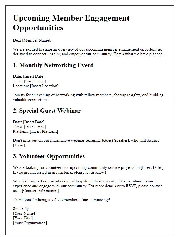 Letter template of overview of upcoming member engagement opportunities