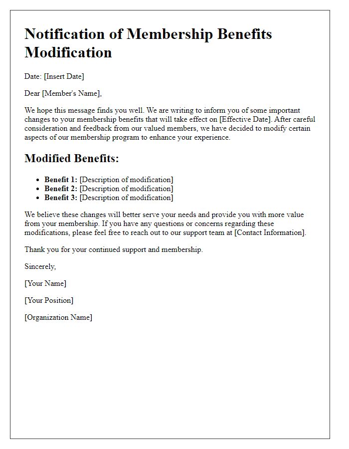 Letter template of membership benefits modification notification