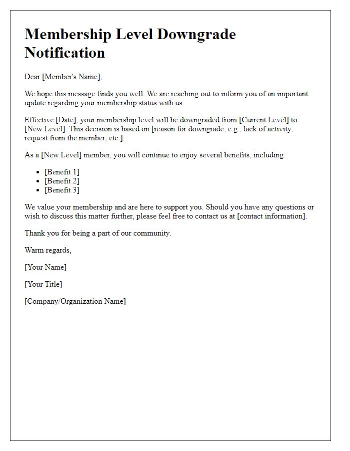 Letter template of membership level downgrade notification