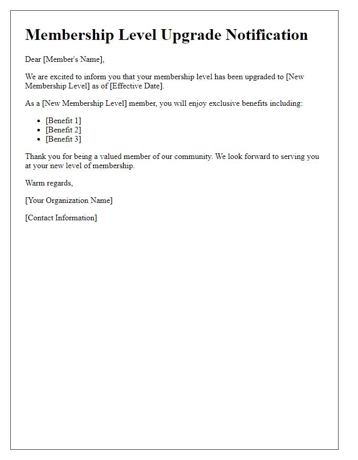 Letter template of membership level upgrade notification
