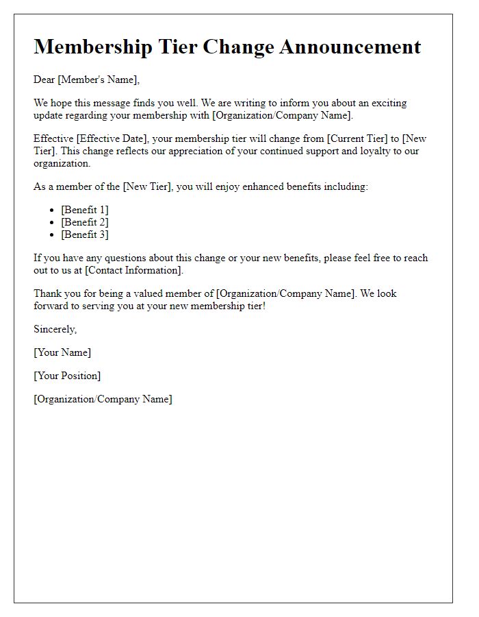 Letter template of membership tier change announcement