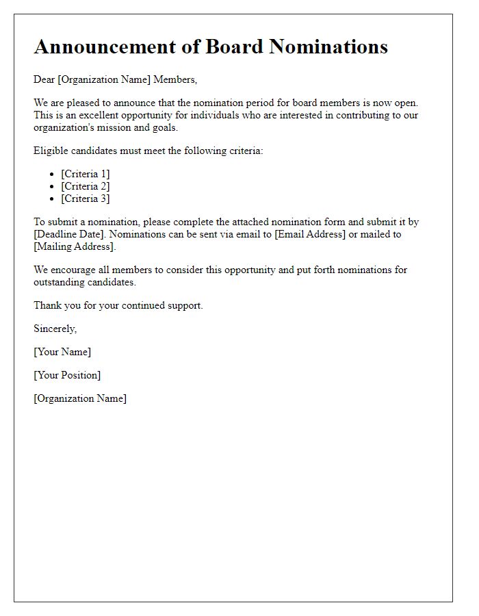 Letter template of announcement for board nominations.