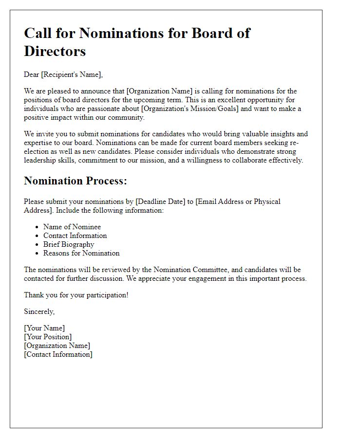 Letter template of call for nominations for board directors.