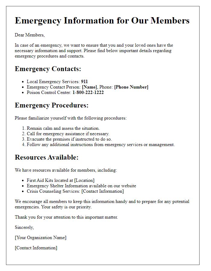 Letter template of Emergency Information for Our Members