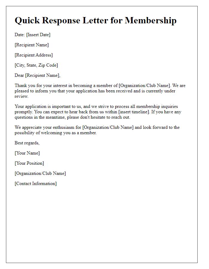 Letter template of Quick Response Letter for Membership