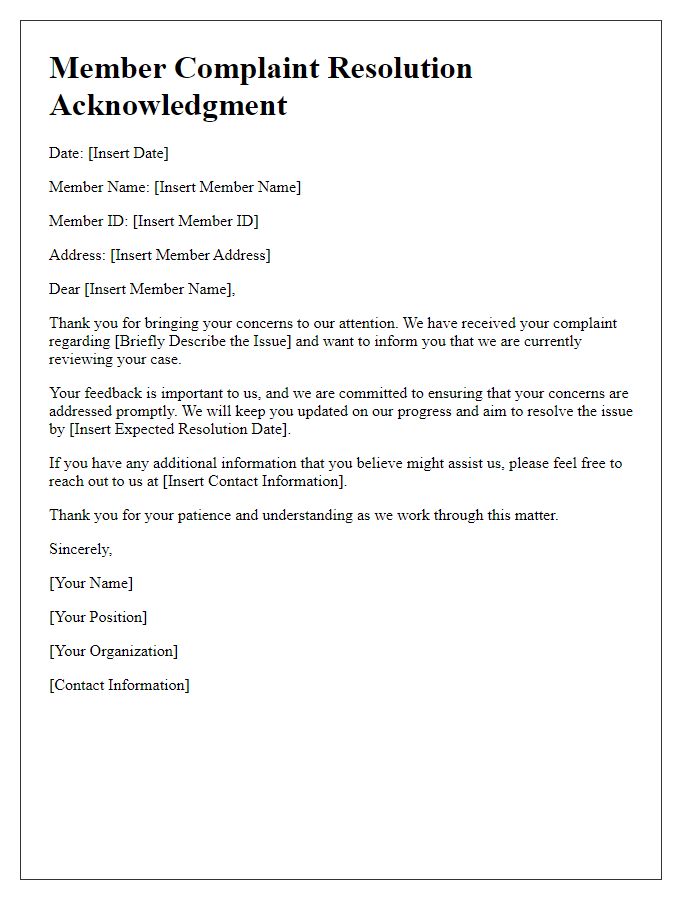 Letter template of member complaint resolution acknowledgment