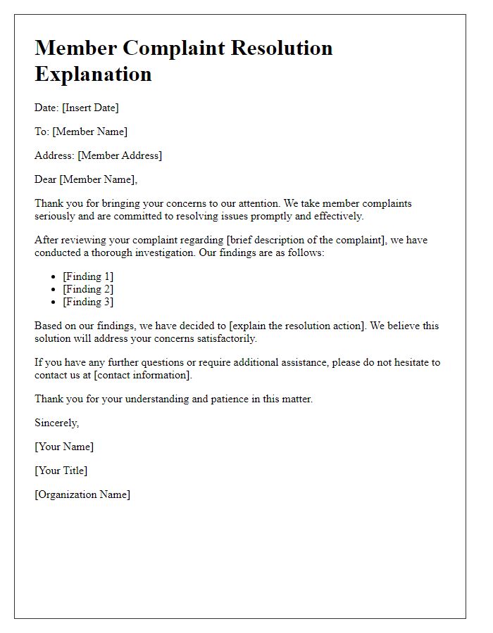 Letter template of member complaint resolution explanation