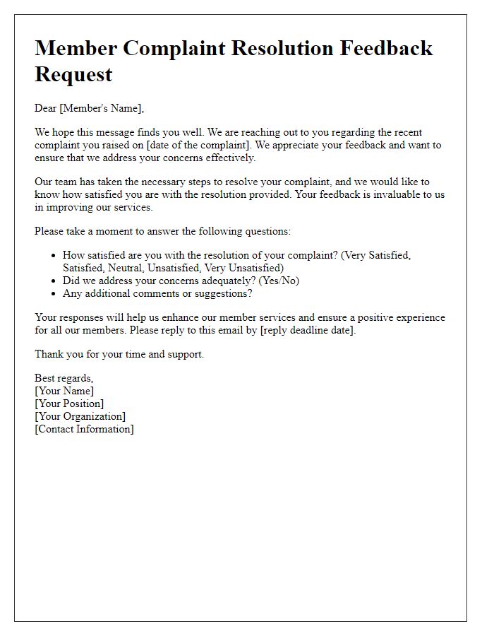 Letter template of member complaint resolution feedback request