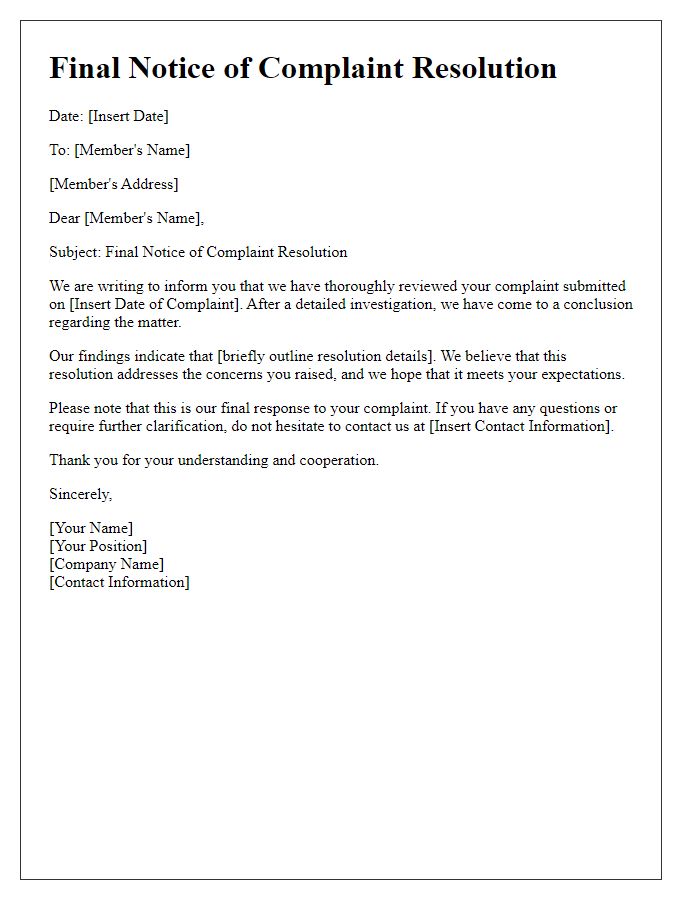 Letter template of member complaint resolution final notice