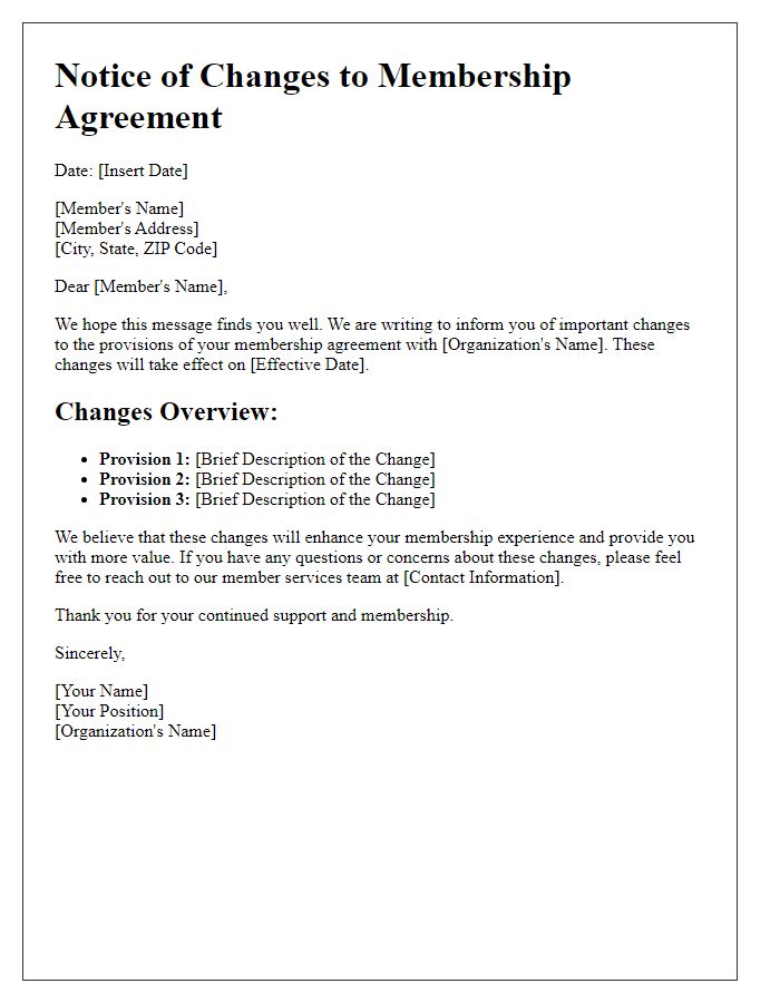 Letter template of changes to membership agreement provisions