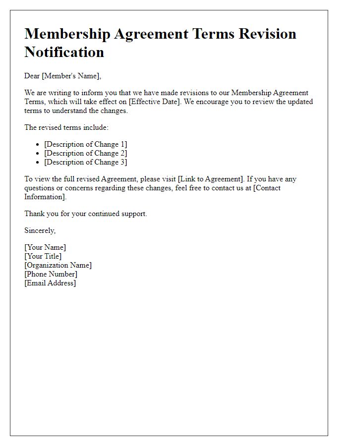 Letter template of membership agreement terms revision notification