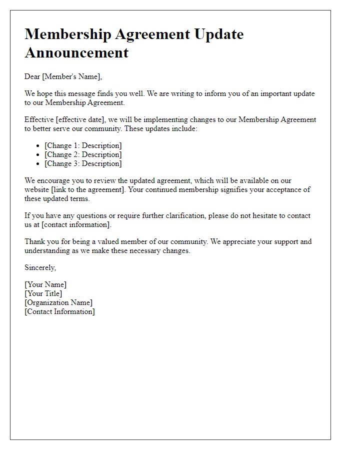 Letter template of membership agreement update announcement