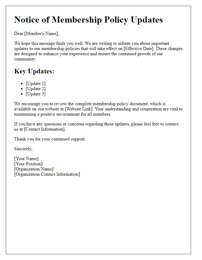 Letter template of notice for membership policy updates