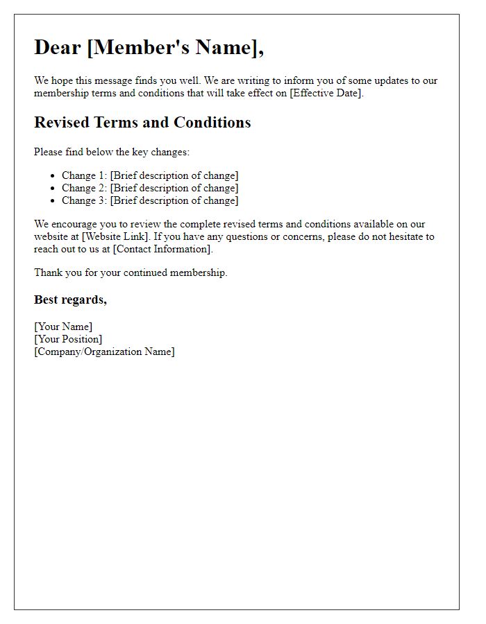 Letter template of revised membership terms and conditions