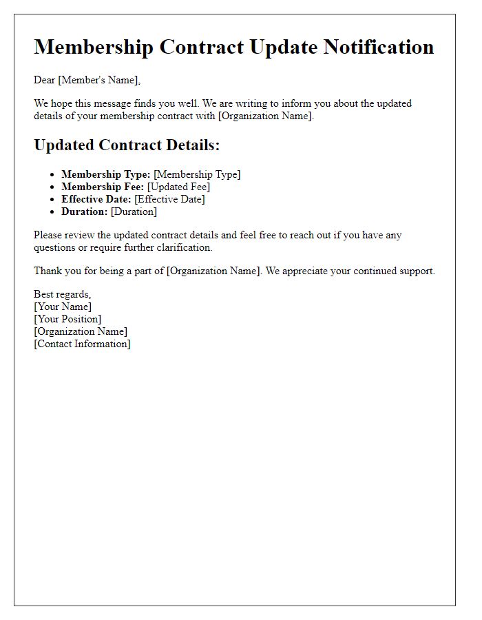 Letter template of updated membership contract details
