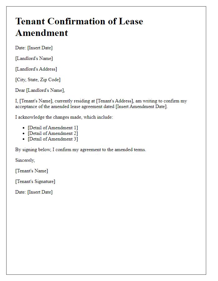 Letter template of Tenant Confirmation of Lease Amendment