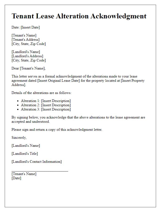 Letter template of Tenant Lease Alteration Acknowledgment