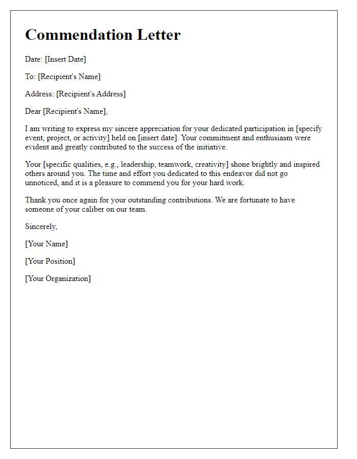 Letter template of commendation for dedicated participation