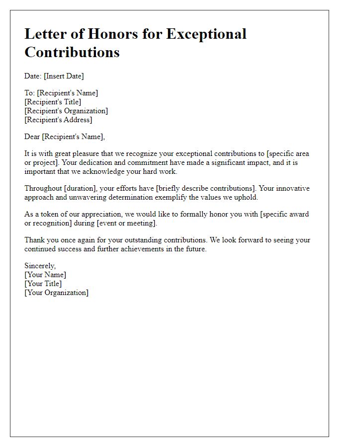 Letter template of honors for exceptional contributions