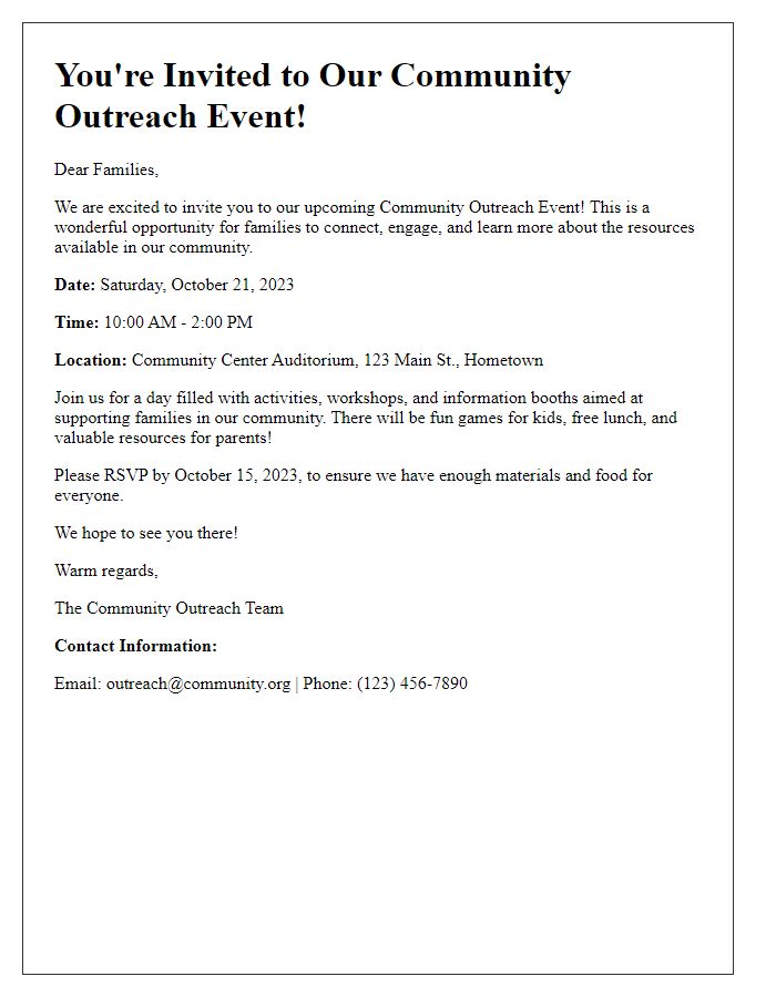 Letter template of community outreach event invitation for families