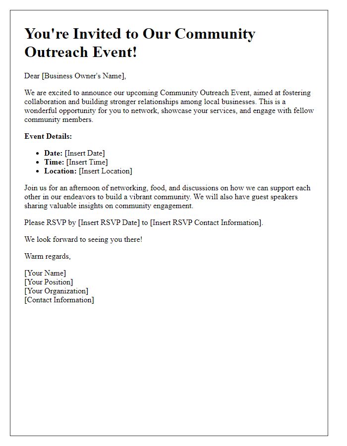 Letter template of community outreach event invitation for local businesses