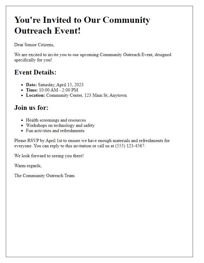 Letter template of community outreach event invitation for senior citizens