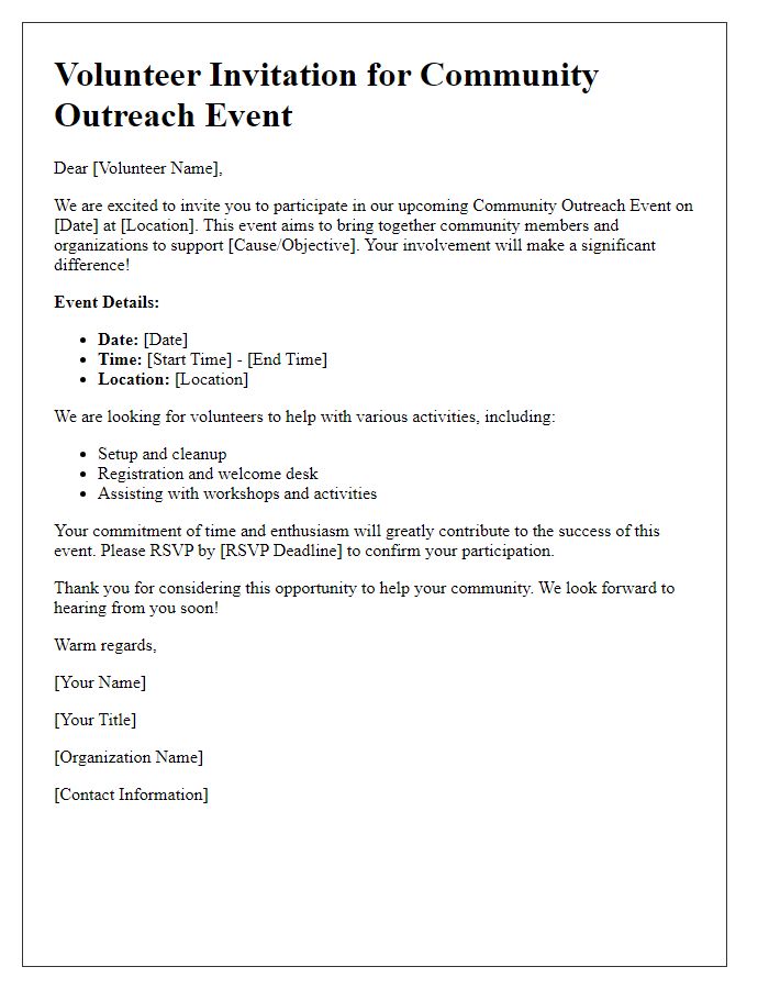 Letter template of community outreach event invitation for volunteers